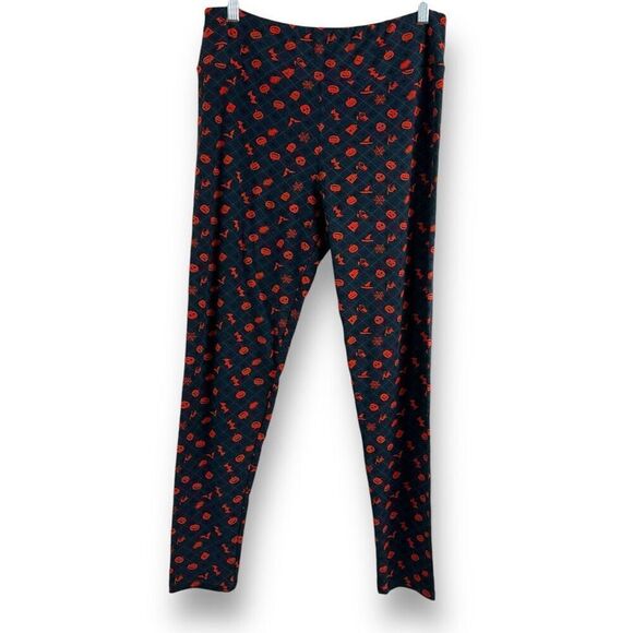 LuLaRoe Tall And Curvy Halloween Leggings Blue Square Swirl Pumpkin Bat Print - Picture 1 of 7